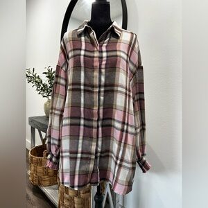 Plaid Button-Up Dress in Pink and Brown